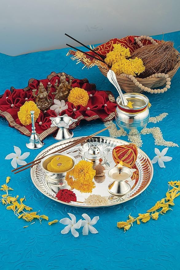 Aicon Diwali Gift Pooja Thali Set 8 Inch with Accessories Kuber Diya Ghanti Kalash Spoon Bowl Agarbatti Stand for Diwali Home Office Wedding Gift Items (Silver)