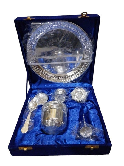 Aicon Diwali Gift Pooja Thali Set 8 Inch with Accessories Kuber Diya Ghanti Kalash Spoon Bowl Agarbatti Stand for Diwali Home Office Wedding Gift Items (Silver)