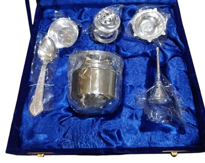 Aicon Diwali Gift Pooja Thali Set 8 Inch with Accessories Kuber Diya Ghanti Kalash Spoon Bowl Agarbatti Stand for Diwali Home Office Wedding Gift Items (Silver)