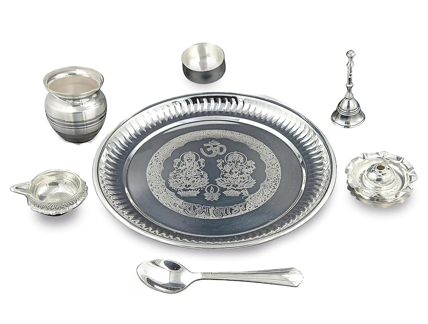 Aicon Diwali Gift Pooja Thali Set 8 Inch with Accessories Kuber Diya Ghanti Kalash Spoon Bowl Agarbatti Stand for Diwali Home Office Wedding Gift Items (Silver)