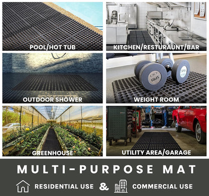 Aicon® Interlocking Rubber Floor Mat for Restaurant Kitchen - Anti-Fatigue, Non-Slip, Indoor Outdoor Bar Door Mat-Shower Pool Drainage, Durable Garage Flooring