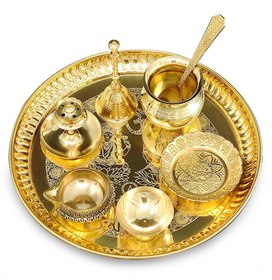 Aicon Diwali Gift Pooja Thali Set 8 Inch with Accessories Kuber Diya Ghanti Kalash Spoon Bowl Agarbatti Stand for Diwali Home Office Wedding Gift Items (Gold)